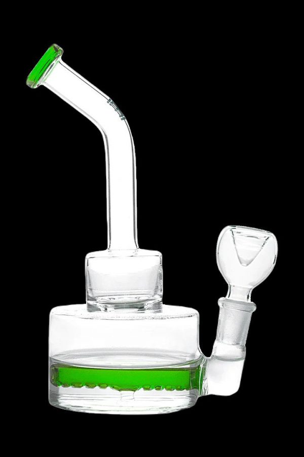 Clear glass water pipe (bong) with green accents and a glass bowl.