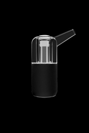 Clear glass and carbon fiber cannabis oil rig with a mouthpiece.