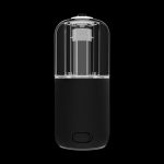 Sleek, black cannabis vaporizer with a clear, cylindrical chamber.