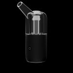 Black and glass portable cannabis vaporizer on a dark background.