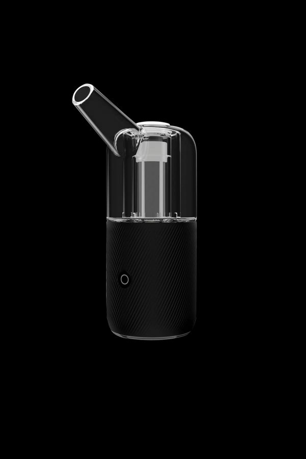 Black and glass portable cannabis vaporizer on a dark background.