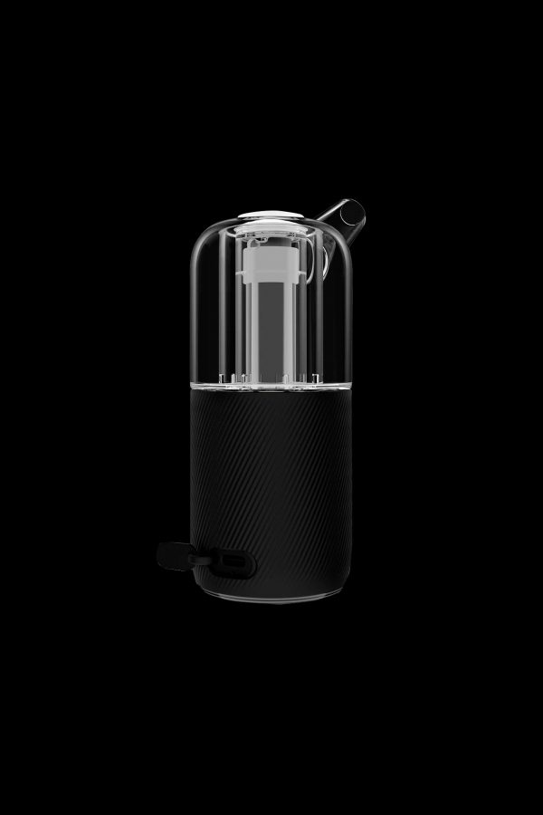 Sleek, cylindrical cannabis vaporizer with a clear glass chamber and textured black base, studio shot on black background.