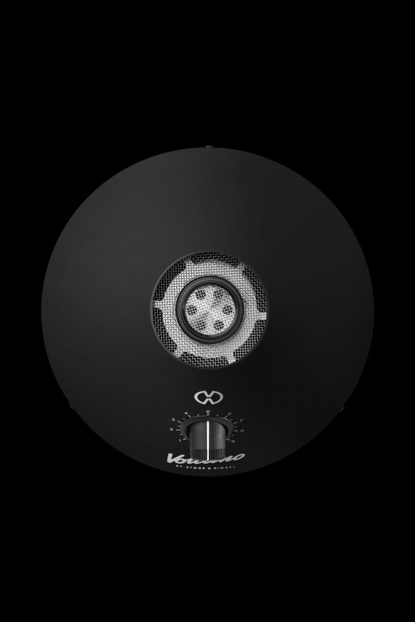 Black cannabis vaporizer device with digital display and control dial.