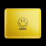 The Goody Glass Yellow Big Face Rolling Tray is shown in a flat lay, displaying a bright yellow surface with a large graphic face design.