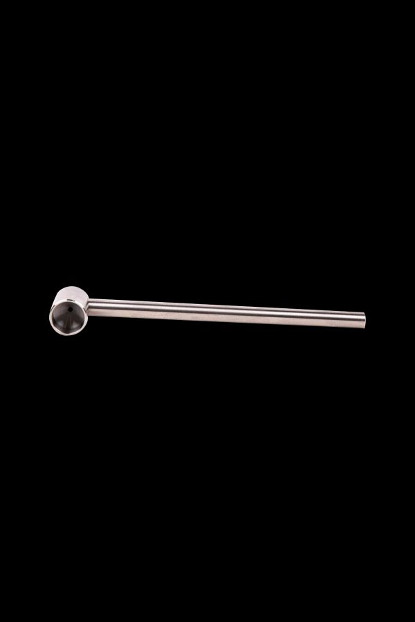 Silver one-hitter pipe with a rounded bowl and long, slender stem against a black background.
