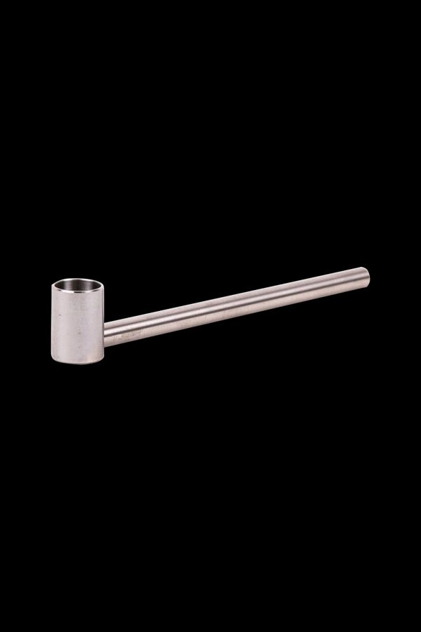 Silver one-hitter pipe isolated on a black background.