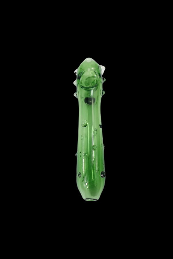 Green glass pipe shaped like a pickle.