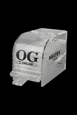 A close-up, angled view of the Og Chillum Tobacco Tasters – 100 Pack, showing a stack of clear plastic tasters.