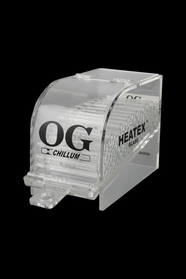 A close-up, angled view of the Og Chillum Tobacco Tasters – 100 Pack, showing a stack of clear plastic tasters.