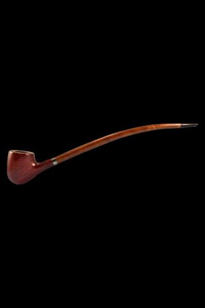A side view of the Pulsar "Apple Churchwarden" Rosewood Sherlock Pipe, showing its long, curved stem and polished wood finish.