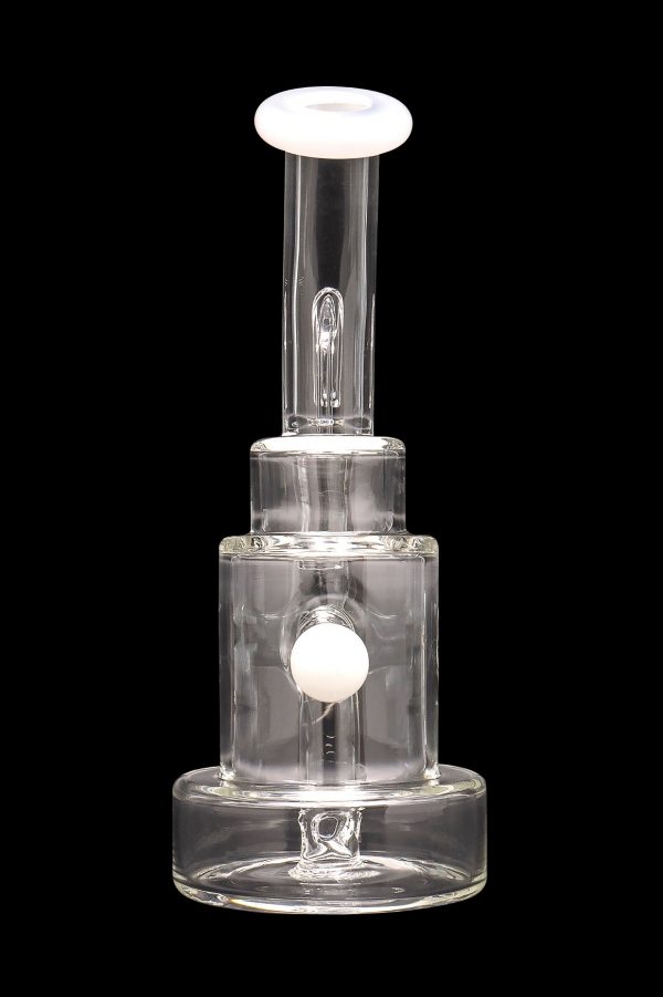 Clear glass rig with bubbler and downstem, isolated on a black background.