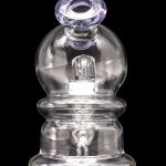 Clear glass dab rig with intricate internal percolators and a looped handle, isolated on a black background.