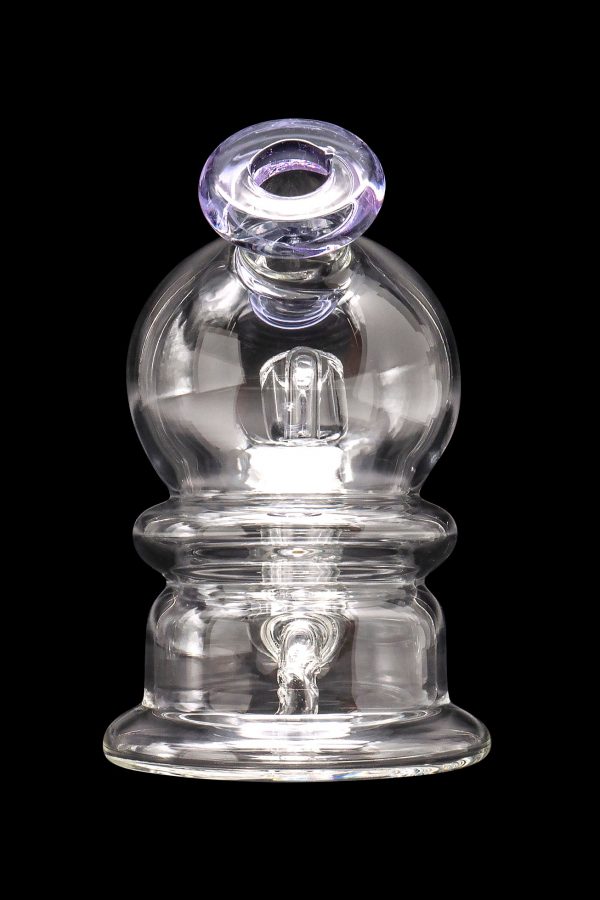 Clear glass dab rig with intricate internal percolators and a looped handle, isolated on a black background.