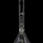 Clear glass bong with intricate percolators, isolated on a black background.