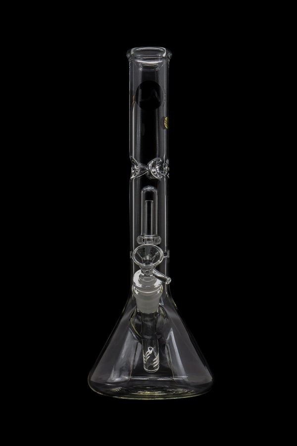 Clear glass bong with intricate percolators, isolated on a black background.