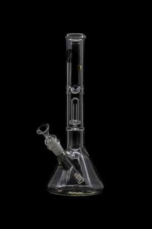 Glass bong with ice catcher, studio shot on black background.