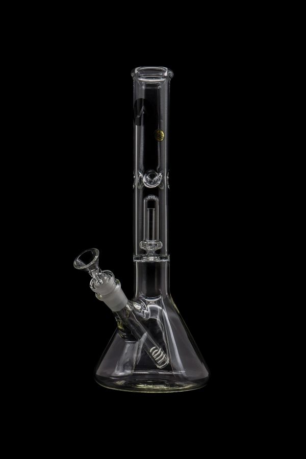 Glass bong with ice catcher, studio shot on black background.