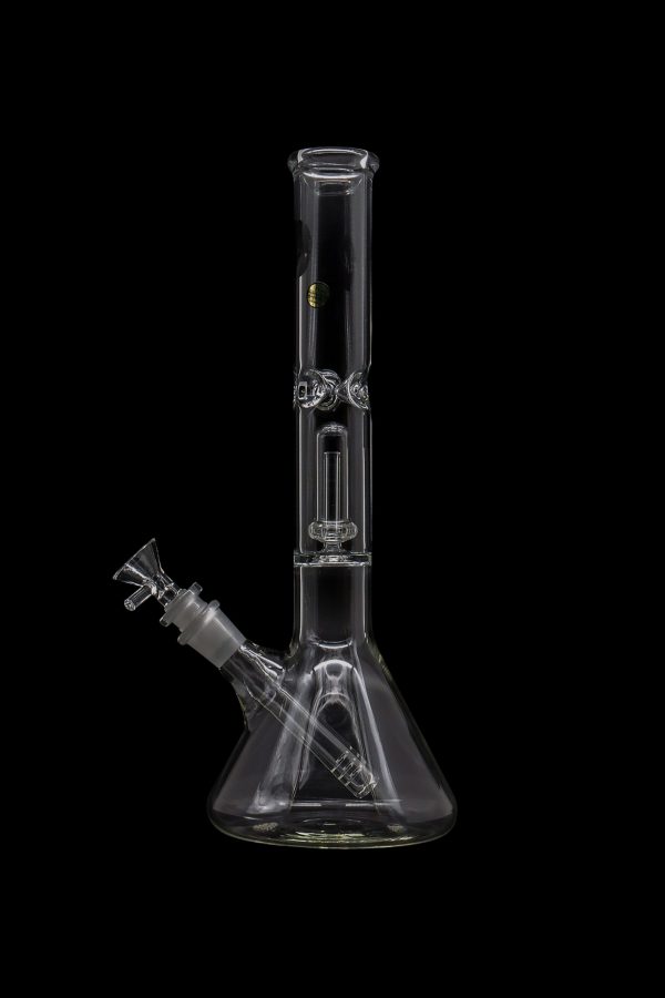 Clear glass bong with intricate percolators, isolated on a black background.