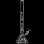 Clear glass bong with multiple perc filtration chambers, isolated on a black background.