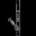 Clear glass water pipe (bong) with ice catcher and removable downstem against a black background.