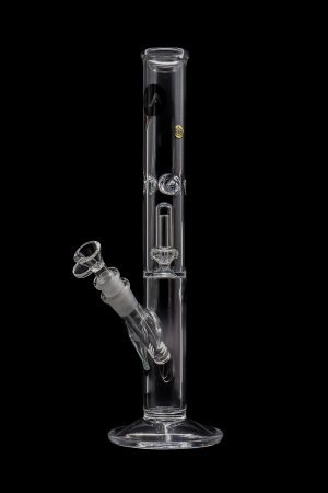 Clear glass water pipe (bong) with ice catcher and removable downstem against a black background.