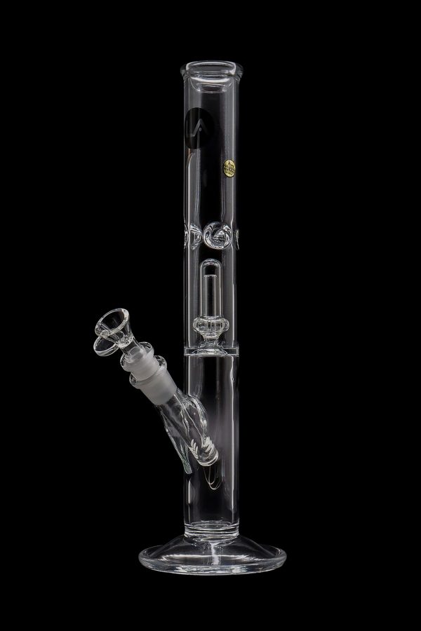 Clear glass water pipe (bong) with ice catcher and removable downstem against a black background.