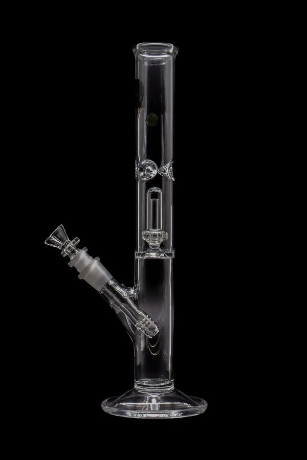 Clear glass water pipe (bong) with ice catcher and downstem, isolated on black.