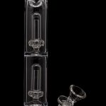 Clear glass bubbler with a separate glass bowl piece, isolated on a black background.