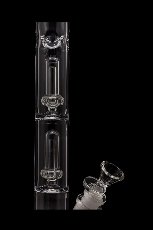Clear glass bubbler with a separate glass bowl piece, isolated on a black background.