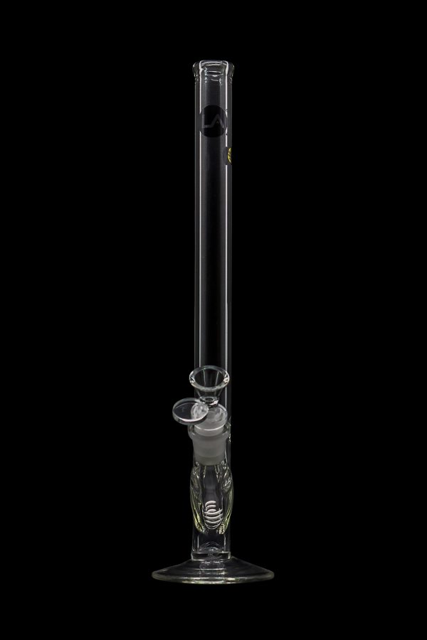 Clear glass water pipe (bong) with ice catch and diffuser downstem, isolated on black.