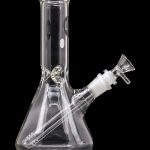 Front view of the LA Pipes Basic Beaker Water Pipe - Simply Guy, a clear glass water pipe with a classic beaker shape.