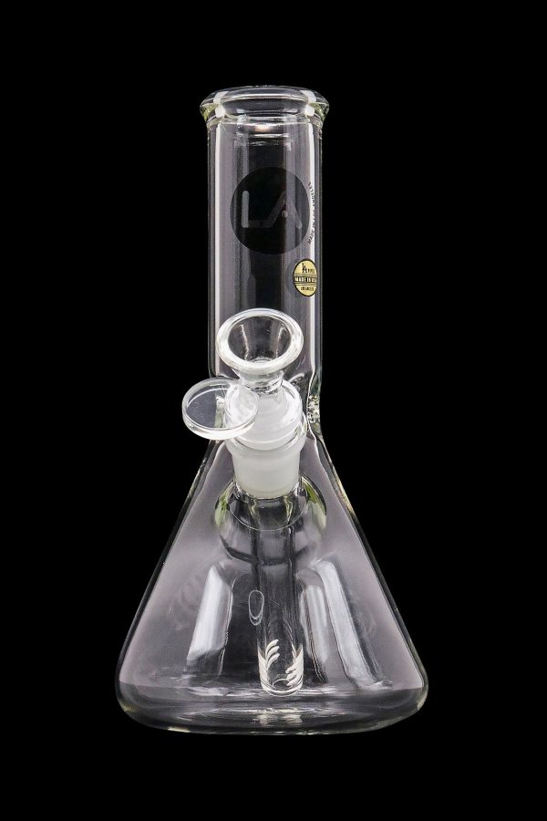 A straight-on view of the LA Pipes Basic Beaker Water Pipe - Simply Guy, showcasing the clear glass beaker shape and simple design.