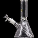 A studio shot of the LA Pipes Basic Beaker Water Pipe - Simply Guy, with a clear glass body angled toward the viewer.