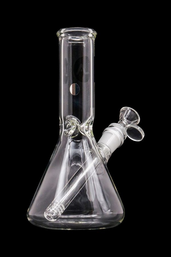 Front view of the LA Pipes Basic Beaker Water Pipe - Simply Guy, a clear glass water pipe with a classic beaker shape.