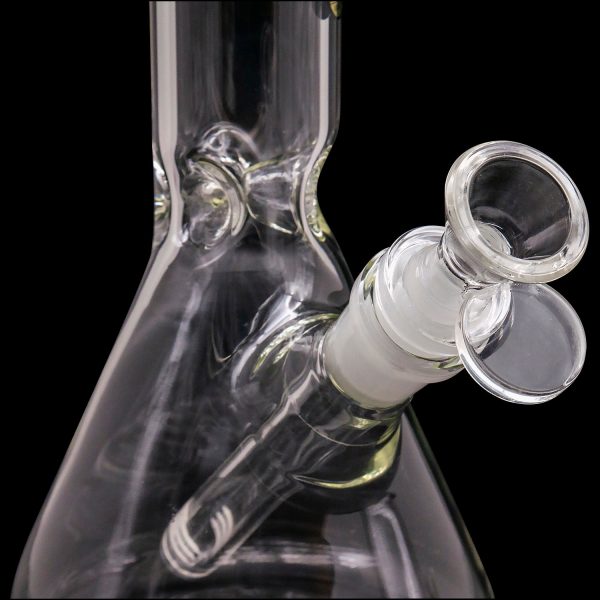 A close-up view of the joint on the LA Pipes Basic Beaker Water Pipe - Simply Guy, showcasing the clear glass construction.