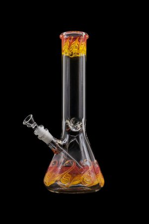Glass bong with orange and red swirl patterns against a black background.