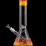 Glass water pipe with orange and yellow swirls, isolated on black.