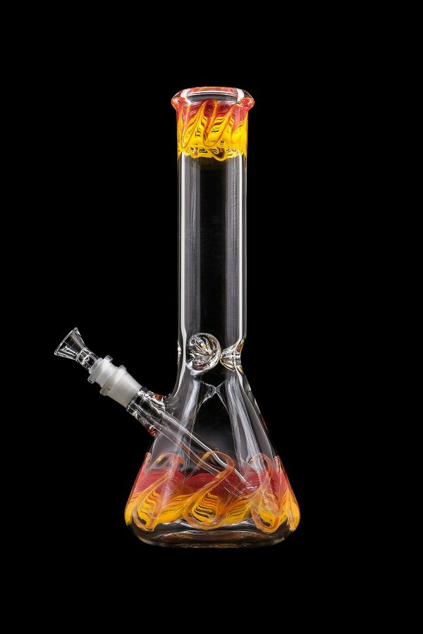 Glass water pipe with orange and yellow swirls, isolated on black.