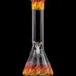 Glass bong with orange and yellow flame-like swirls.
