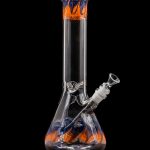 Glass water pipe (bong) with orange and blue accents against a black background.