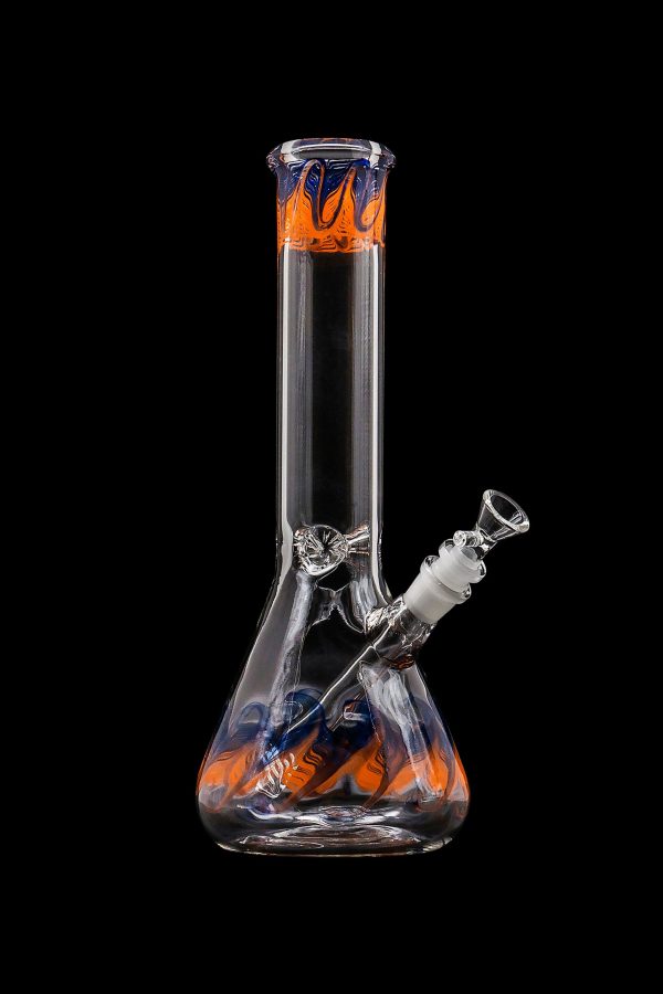Glass water pipe (bong) with orange and blue accents against a black background.