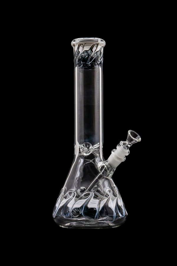 Clear glass water pipe (bong) with intricate swirling designs, isolated on a black background.
