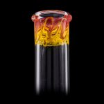 Handblown glass cannabis oil rig attachment with vibrant orange and yellow swirling patterns.