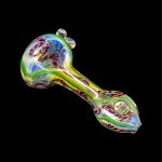Hand-blown glass pipe with colorful swirls and patterns.