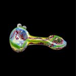 Glass cannabis pipe with iridescent, colorful swirls.