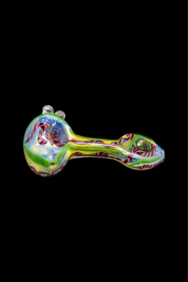 Glass cannabis pipe with iridescent, colorful swirls.