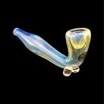Iridescent glass bubbler pipe for smoking, isolated on a black background.