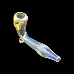 Glass pipe with iridescent blue and yellow swirls, isolated on a black background.