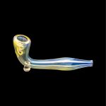Glass pipe with iridescent yellow and blue coloring, studio shot on black background.