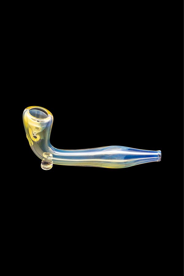 Glass pipe with iridescent yellow and blue coloring, studio shot on black background.
